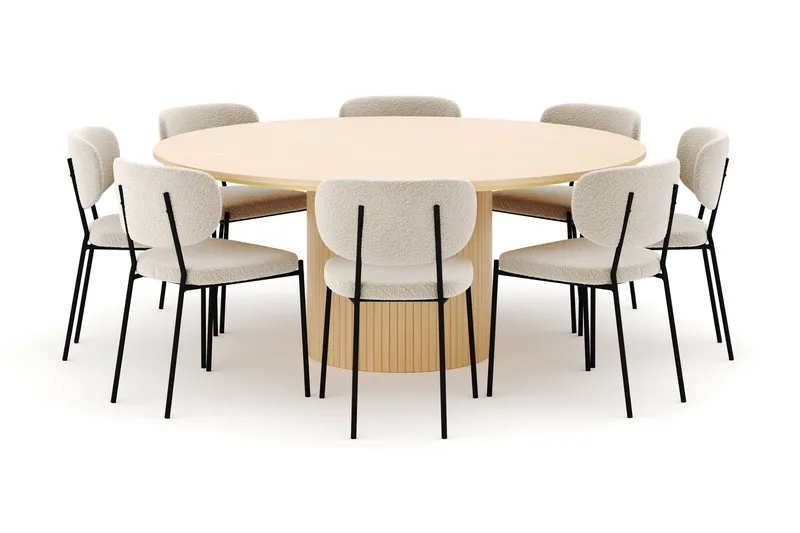 Kopparbo Rundt Spisebord 180 cm med 8 Gemmiano Stole, Hvidlaseret