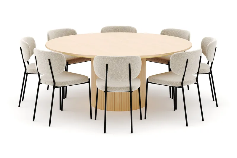 Kopparbo Rundt Spisebord 180 cm med 8 Gemmiano Stole - Hvidlaseret - Møbler - Borde - Spisebordssæt