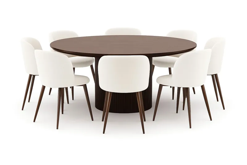 Kopparbo Rundt Spisebord 180 cm med 8 Greya Spisestole med armlæn, Valnød / Hvid Bouclé / Metalben Valnød