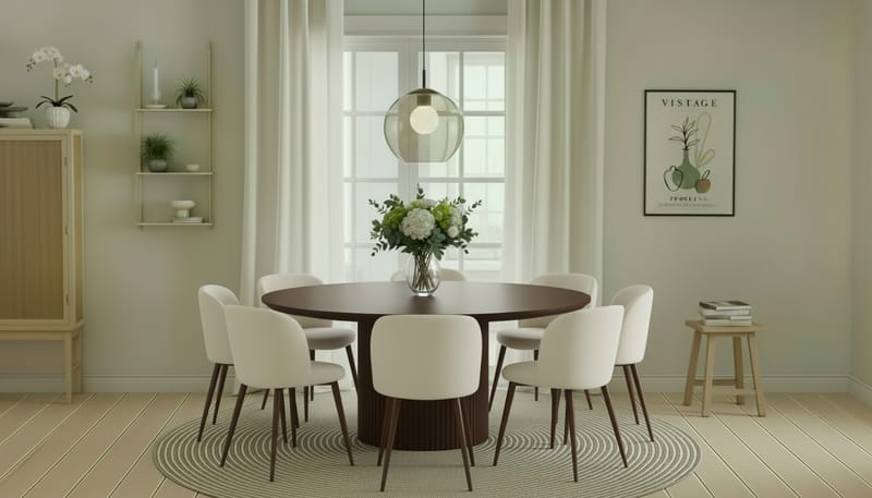 Kopparbo Rundt Spisebord 180 cm med 8 Greya Spisestole med armlæn - Valnød / Hvid Bouclé / Metalben Valnød - Møbler - Borde - Spisebordssæt