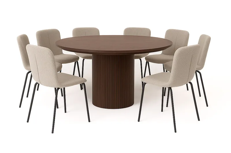 Kopparbo Rundt Spisebord 180 cm med 8 Katy Spisestole, Valnød / Greige Bouclé / Metalben Sort