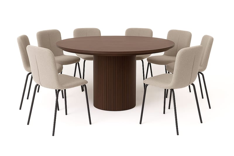 Kopparbo Rundt Spisebord 180 cm med 8 Katy Spisestole, Valnød / Greige Bouclé / Metalben Sort