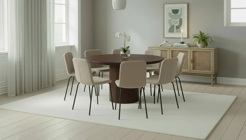 Kopparbo Rundt Spisebord 180 cm med 8 Katy Spisestole - Valnød / Greige Bouclé / Metalben Sort - Møbler - Borde - Spisebordssæt