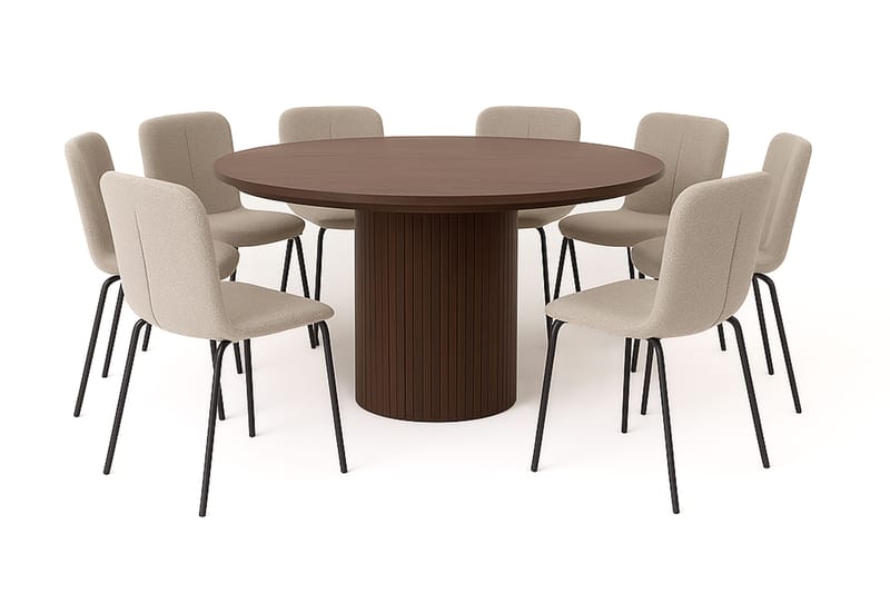 Kopparbo Rundt Spisebord 180 cm med 8 Katy Spisestole, Valnød / Greige Bouclé / Metalben Sort