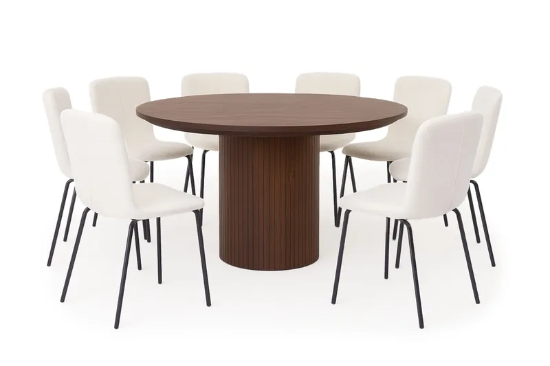 Kopparbo Rundt Spisebord 180 cm med 8 Katy Spisestole, Valnød / Hvid Bouclé / Metalben Sort