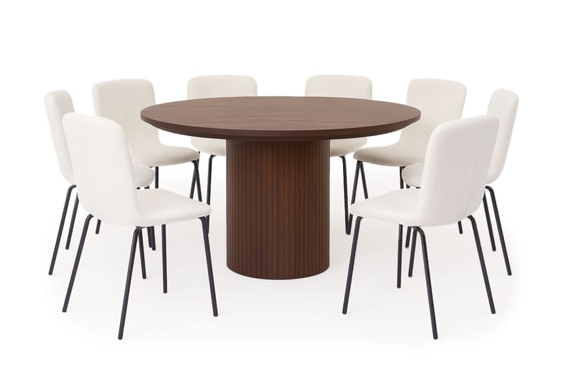 Kopparbo Rundt Spisebord 180 cm med 8 Katy Spisestole, Valnød / Hvid Bouclé / Metalben Sort