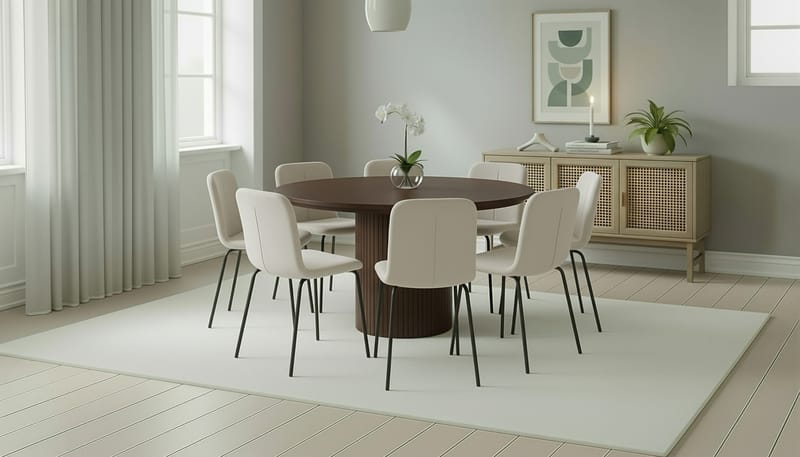 Kopparbo Rundt Spisebord 180 cm med 8 Katy Spisestole - Valnød / Hvid Bouclé / Metalben Sort - Møbler - Borde - Spisebordssæt