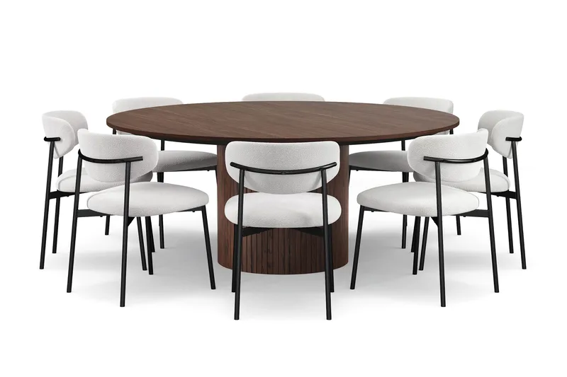 Kopparbo Rundt Spisebord 180 cm med 8 Lucy Spisestole, Valnød / Greige Bouclé / Metalben Sort