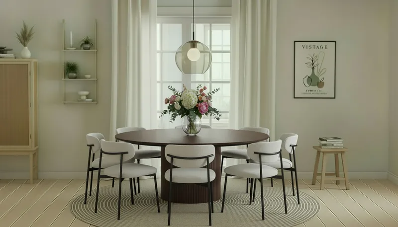 Kopparbo Rundt Spisebord 180 cm med 8 Lucy Spisestole - Valnød / Greige Bouclé / Metalben Sort - Møbler - Borde - Spisebordssæt