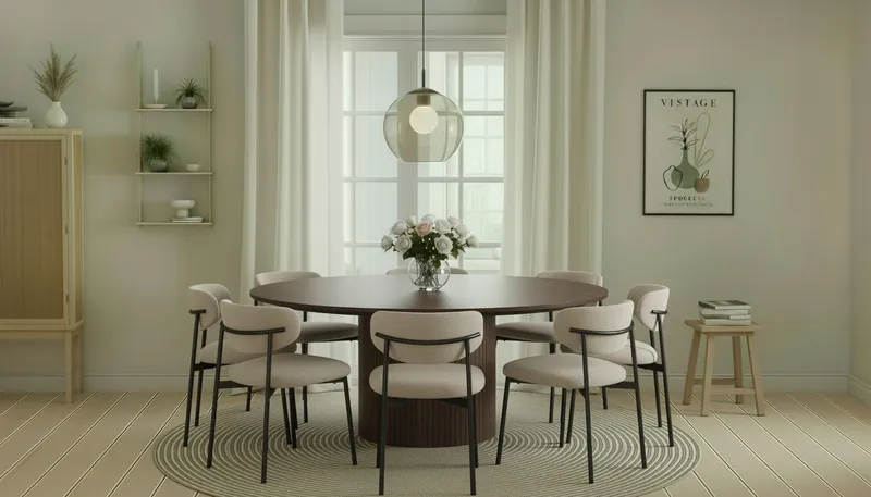 Kopparbo Rundt Spisebord 180 cm med 8 Lucy Spisestole - Valnød / Greige Bouclé / Metalben Sort - Møbler - Borde - Spisebordssæt