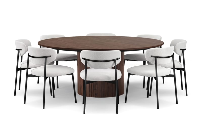 Kopparbo Rundt Spisebord 180 cm med 8 Lucy Spisestole, Valnød / Greige Bouclé / Metalben Sort