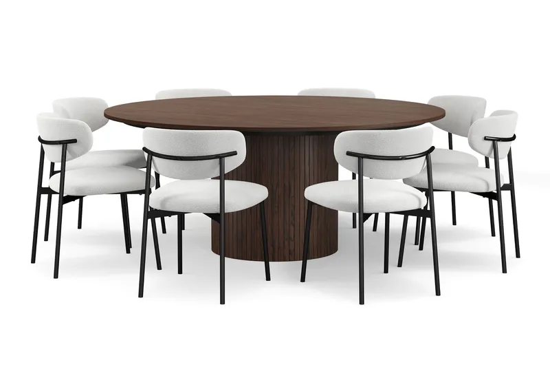 Kopparbo Rundt Spisebord 180 cm med 8 Lucy Spisestole - Valnød / Greige Bouclé / Metalben Sort - Møbler - Borde - Spisebordssæt