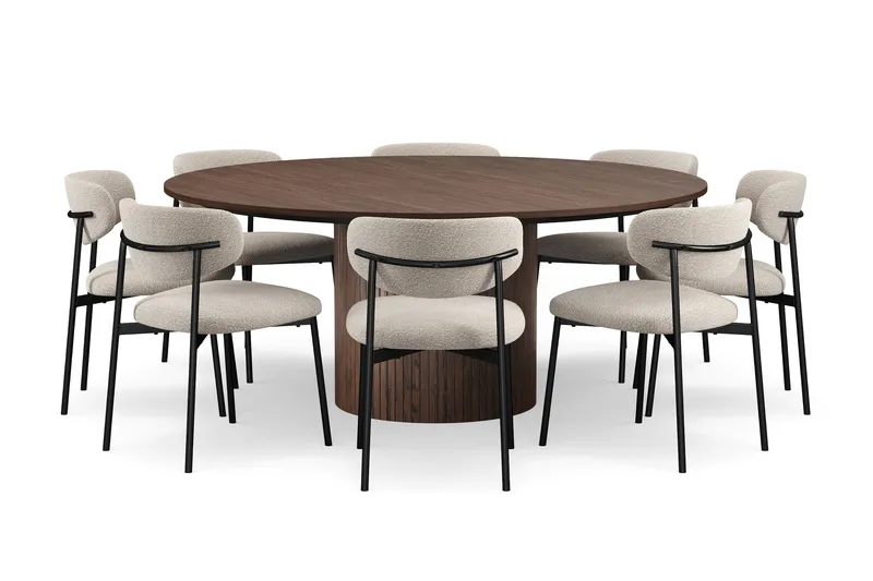 Kopparbo Rundt Spisebord 180 cm med 8 Lucy Spisestole, Valnød / Hvid Bouclé / Metalben Sort