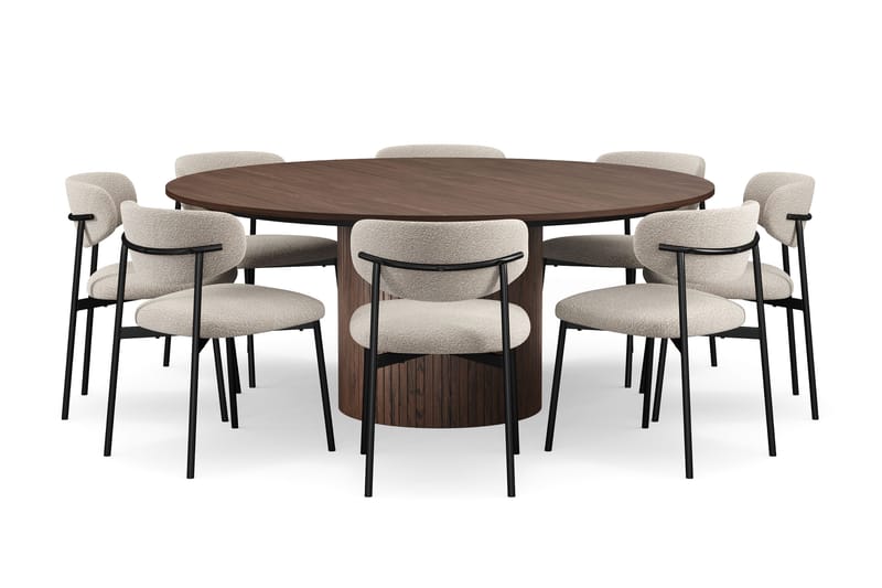 Kopparbo Rundt Spisebord 180 cm med 8 Lucy Spisestole, Valnød / Hvid Bouclé / Metalben Sort