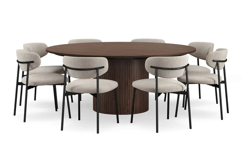 Kopparbo Rundt Spisebord 180 cm med 8 Lucy Spisestole - Valnød / Hvid Bouclé / Metalben Sort - Møbler - Borde - Spisebordssæt