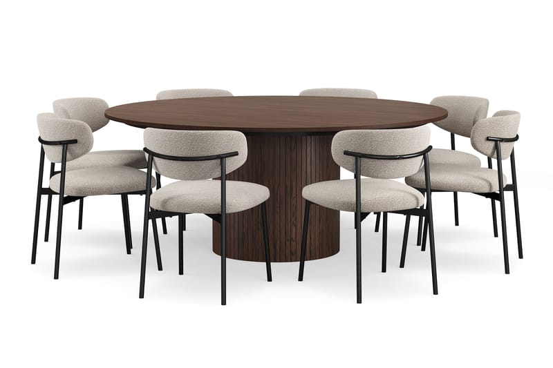 Kopparbo Rundt Spisebord 180 cm med 8 Lucy Spisestole - Valnød / Hvid Bouclé / Metalben Sort - Møbler - Borde - Spisebordssæt