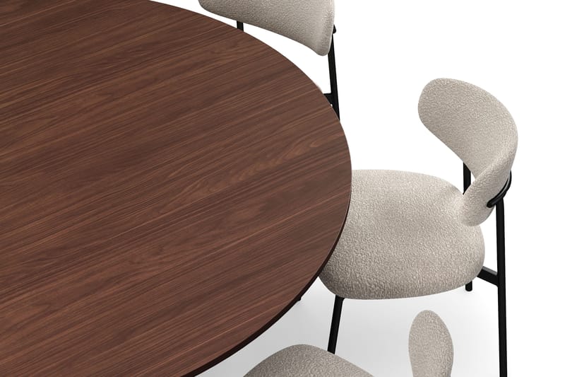 Kopparbo Rundt Spisebord 180 cm med 8 Lucy Spisestole - Valnød / Hvid Bouclé / Metalben Sort - Møbler - Borde - Spisebordssæt