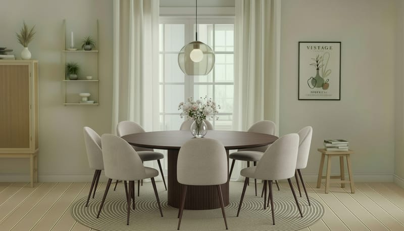 Kopparbo Rundt Spisebord 180 cm med 8 Nibe Plus Spisestole - Valnød / Greige Bouclé / Metalben Valnød - Møbler - Borde - Spisebordssæt