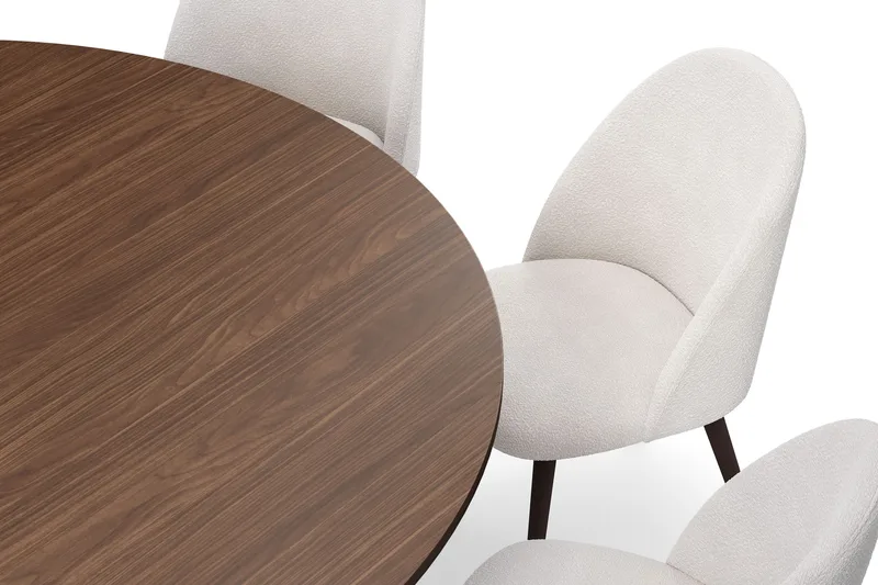 Kopparbo Rundt Spisebord 180 cm med 8 Nibe Plus Spisestole - Valnød / Hvid Bouclé / Metalben Valnød - Møbler - Borde - Spisebordssæt