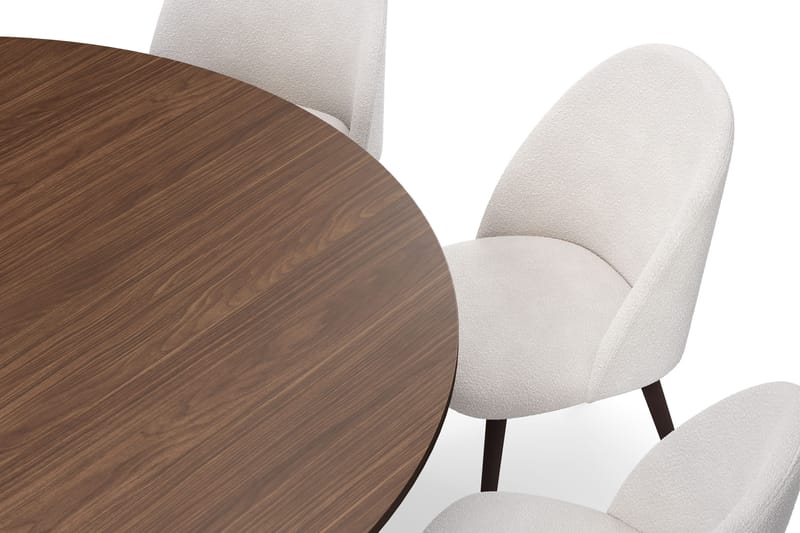 Kopparbo Rundt Spisebord 180 cm med 8 Nibe Plus Spisestole - Valnød / Hvid Bouclé / Metalben Valnød - Møbler - Borde - Spisebordssæt