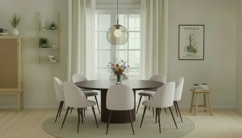 Kopparbo Rundt Spisebord 180 cm med 8 Nibe Plus Spisestole - Valnød / Hvid Bouclé / Metalben Valnød - Møbler - Borde - Spisebordssæt