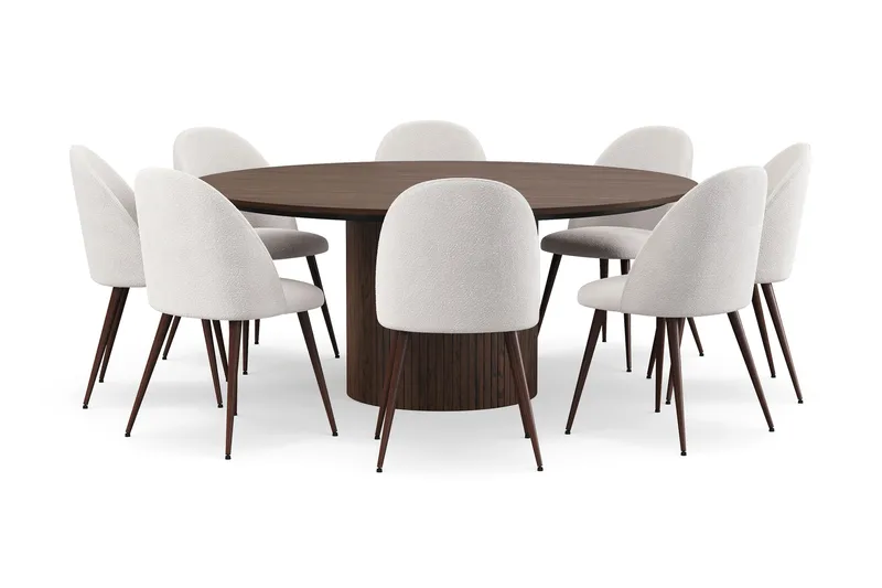 Kopparbo Rundt Spisebord 180 cm med 8 Nibe Plus Spisestole, Valnød / Hvid Bouclé / Metalben Valnød