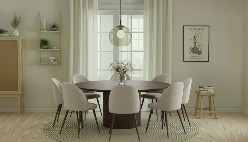 Kopparbo Rundt Spisebord 180 cm med 8 Nibe Plus Spisestole - Valnød / Greige Bouclé / Metalben Valnød - Møbler - Borde - Spisebordssæt