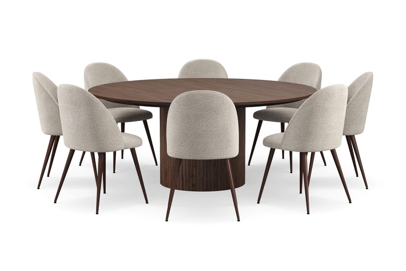 Kopparbo Rundt Spisebord 180 cm med 8 Nibe Plus Spisestole - Valnød / Greige Bouclé / Metalben Valnød - Møbler - Borde - Spisebordssæt