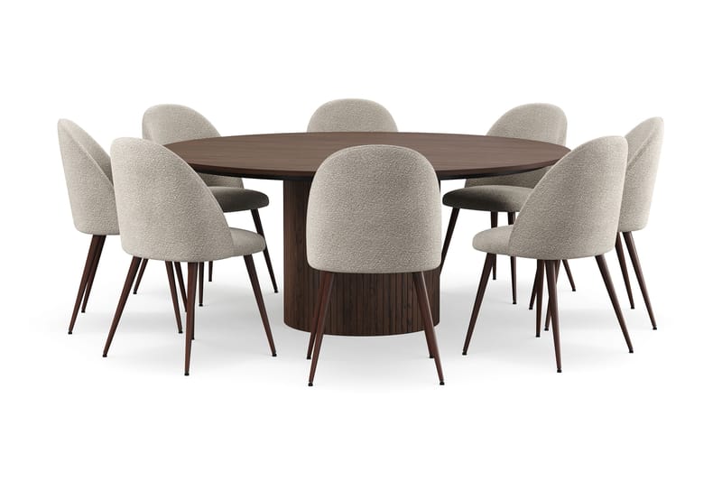 Kopparbo Rundt Spisebord 180 cm med 8 Nibe Plus Spisestole, Valnød / Greige Bouclé / Metalben Valnød