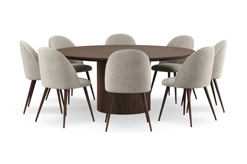 Kopparbo Rundt Spisebord 180 cm med 8 Nibe Plus Spisestole, Valnød / Greige Bouclé / Metalben Valnød
