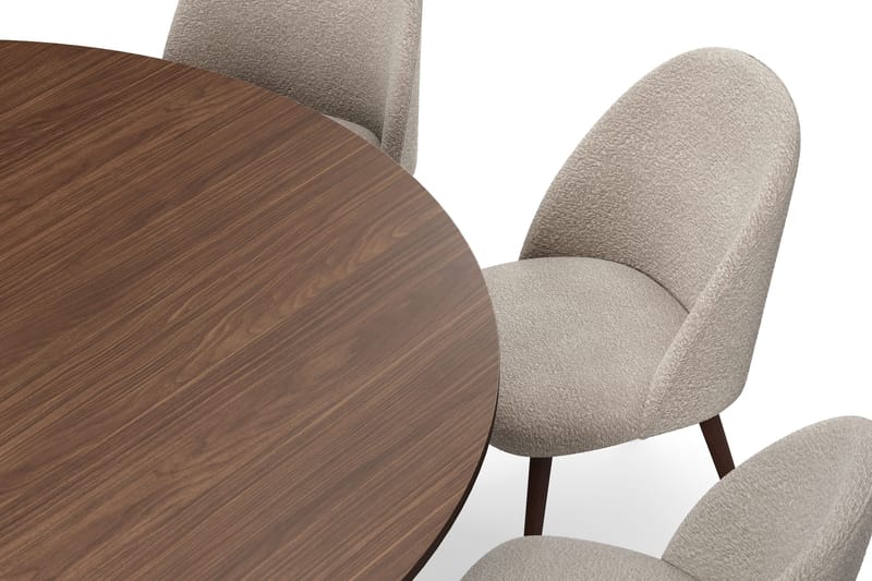 Kopparbo Rundt Spisebord 180 cm med 8 Nibe Plus Spisestole - Valnød / Greige Bouclé / Metalben Valnød - Møbler - Borde - Spisebordssæt