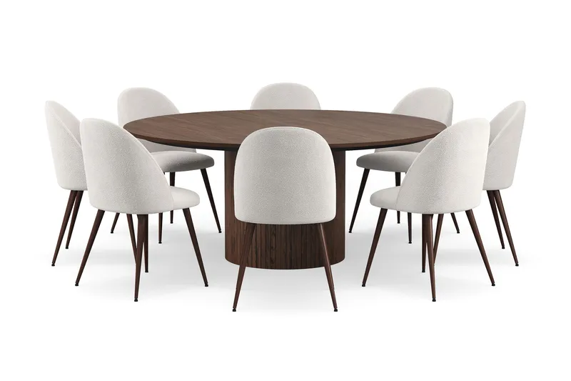 Kopparbo Rundt Spisebord 180 cm med 8 Nibe Plus Spisestole - Valnød / Hvid Bouclé / Metalben Valnød - Møbler - Borde - Spisebordssæt