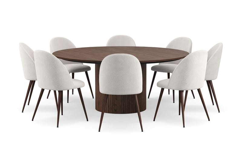 Kopparbo Rundt Spisebord 180 cm med 8 Nibe Plus Spisestole - Valnød / Hvid Bouclé / Metalben Valnød - Møbler - Borde - Spisebordssæt