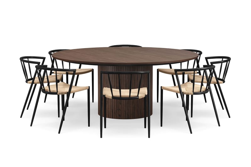 Kopparbo Rundt Spisebord 180 cm med 8 Winston Spisestole - Valnød / Beige / Metalben Sort - Møbler - Borde - Spisebordssæt
