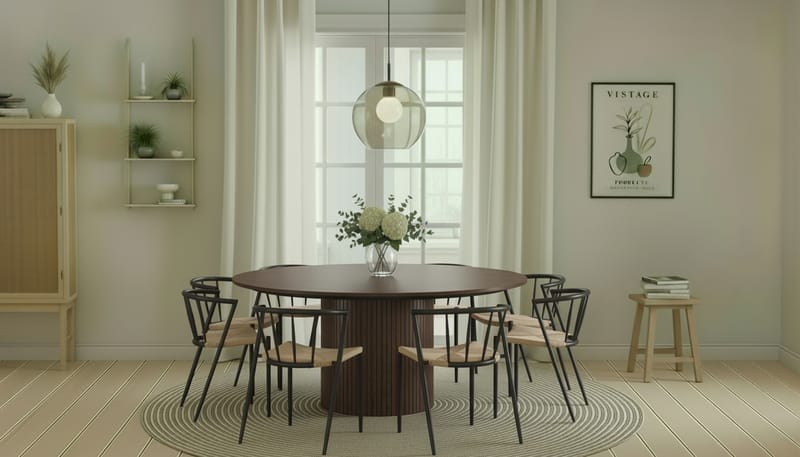 Kopparbo Rundt Spisebord 180 cm med 8 Winston Spisestole - Valnød / Beige / Metalben Sort - Møbler - Borde - Spisebordssæt