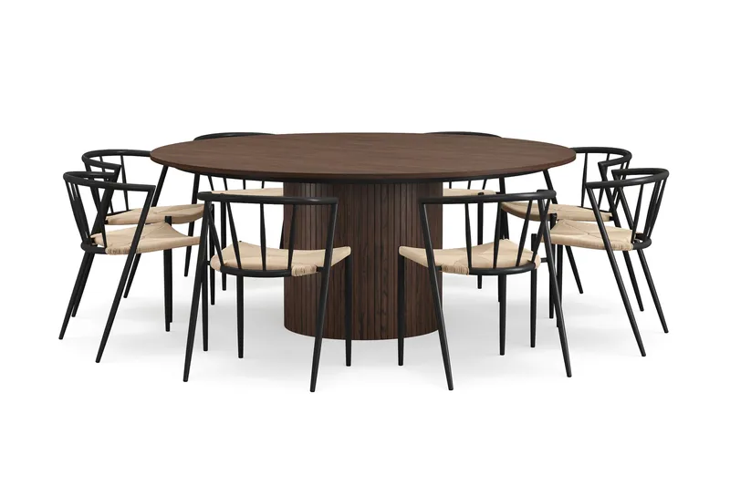 Kopparbo Rundt Spisebord 180 cm med 8 Winston Spisestole, Valnød / Beige / Metalben Sort