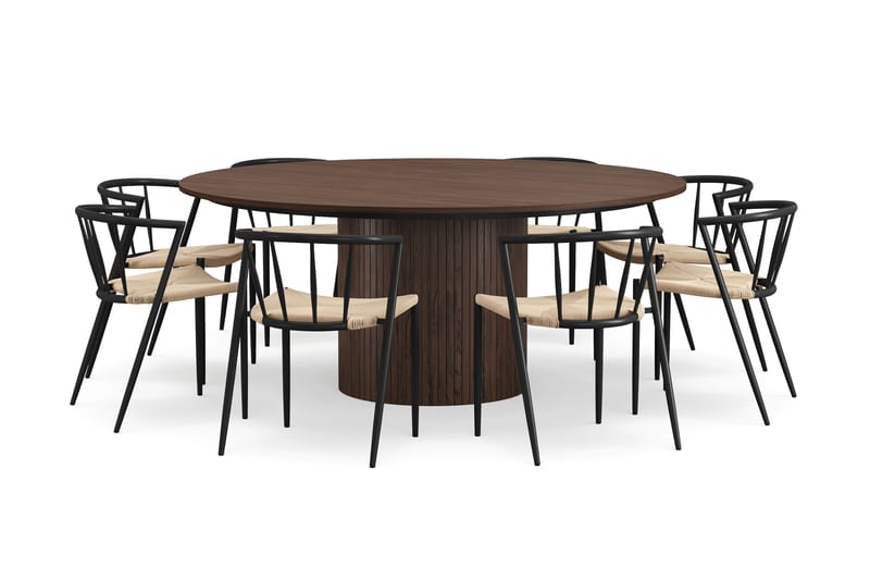 Kopparbo Rundt Spisebord 180 cm med 8 Winston Spisestole, Valnød / Beige / Metalben Sort