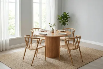 Kopparbo Rundt Spisebordssæt 110 cm – Spisebord med 4 Winston Spisestole i Træ med Egetræsudseende - Natur - Møbler - Borde - Spisebordssæt