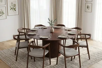 Kopparbo rundt spisebordssæt 180 cm valnød med 8 Jolie spisebordsstole - Møbler - Borde - Spisebordssæt