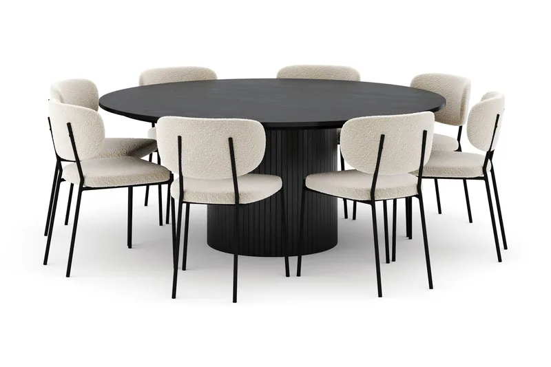 Kopparbo Rundt Stort Spisebord 180 cm med 8 Gemmiano Stole, Sort