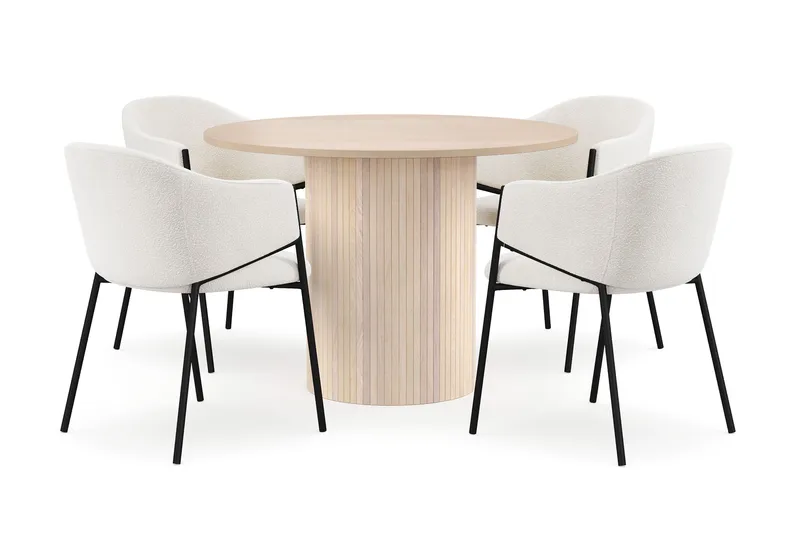 Kopparbo Spisebord 106 cm med 4 Filip Spisestole, Hvid / Hvid Bouclé