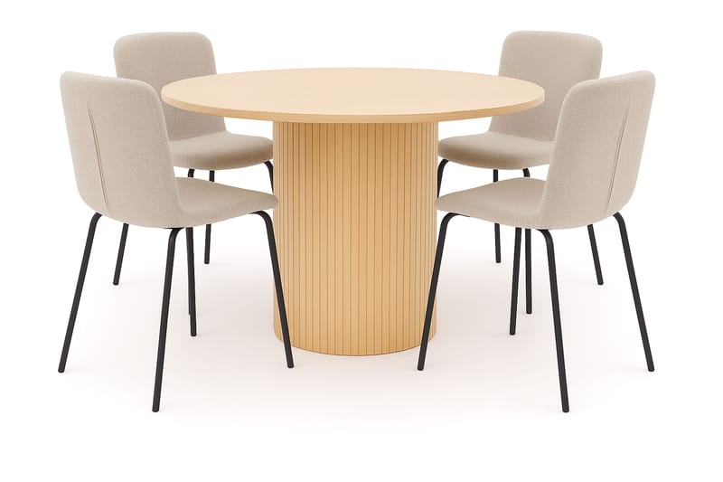 Kopparbo Spisebord 106 cm med 4 Katy Spisestole, Hvid / Greige Bouclé / Metalben Sort