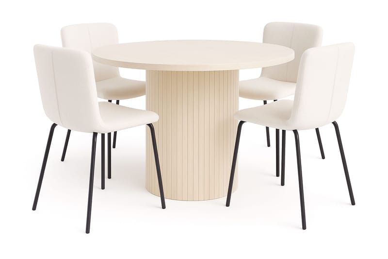 Kopparbo Spisebord 106 cm med 4 Katy Spisestole, Hvid / Hvid Bouclé / Metalben Sort