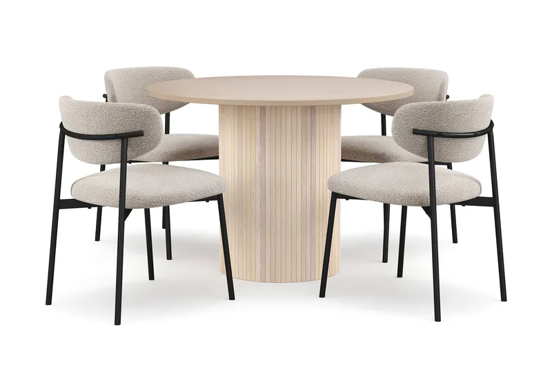 Kopparbo Spisebord 106 cm med 4 Lucy Spisestole, Hvid / Greige Bouclé / Metalben Sort