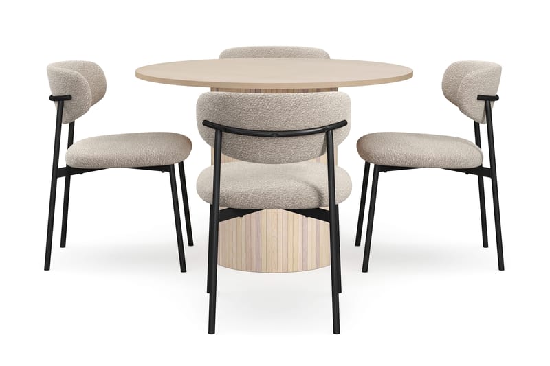 Kopparbo Spisebord 106 cm med 4 Lucy Spisestole - Hvid / Greige Bouclé / Metalben Sort - Møbler - Borde - Spisebordssæt