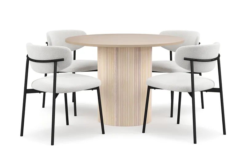 Kopparbo Spisebord 106 cm med 4 Lucy Spisestole, Hvid / Hvid Bouclé / Metalben Sort