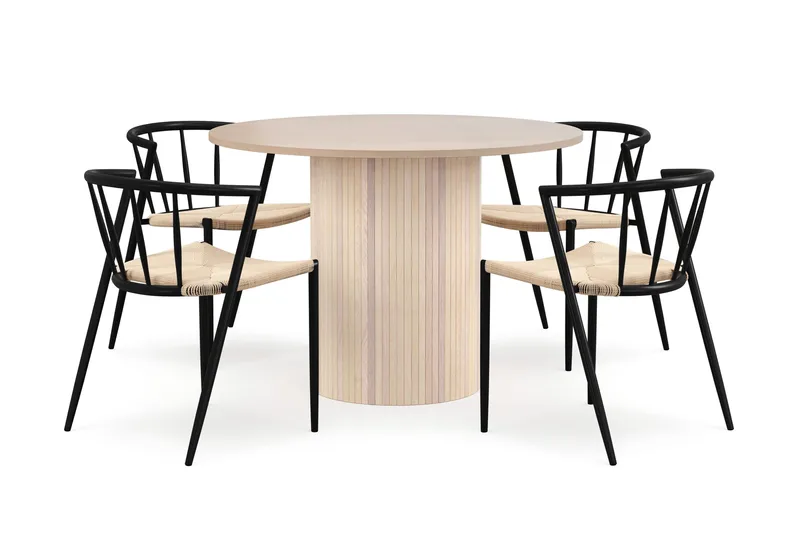 Kopparbo Spisebord 106 cm med 4 Winston Spisestole, Hvid / Beige / Metalben Sort