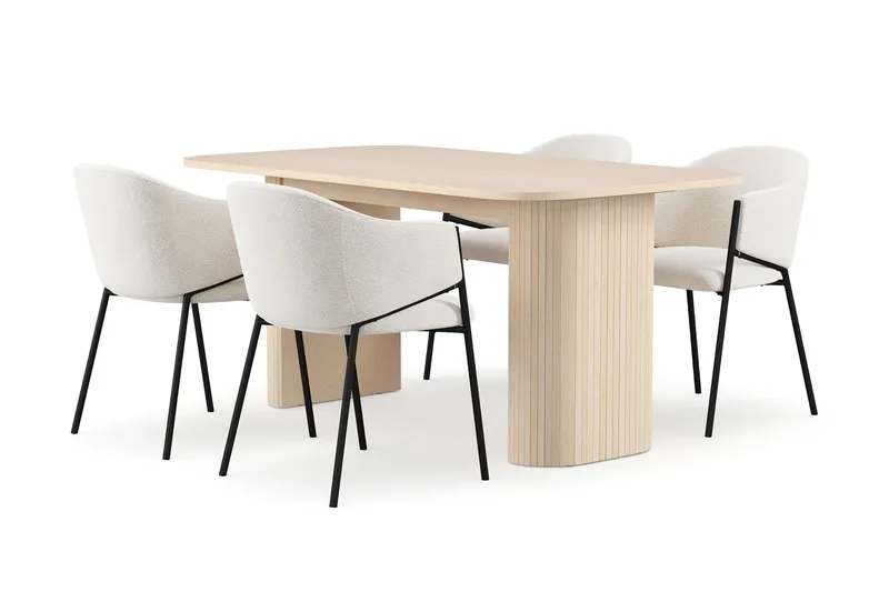 Kopparbo Spisebord 160 cm med 4 Filip Spisestole, Hvid / Hvid Bouclé