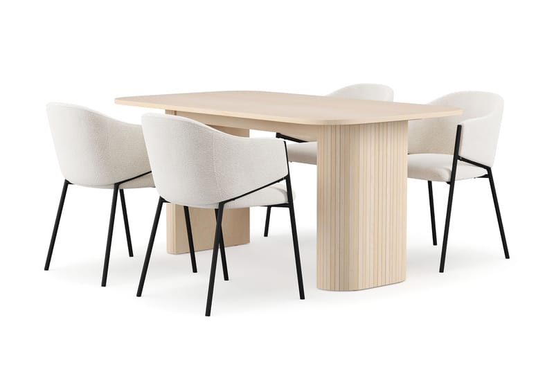 Kopparbo Spisebord 160 cm med 4 Filip Spisestole, Hvid / Hvid Bouclé