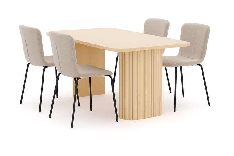 Kopparbo Spisebord 160 cm med 4 Katy Spisestole, Hvid / Greige Bouclé / Metalben Sort